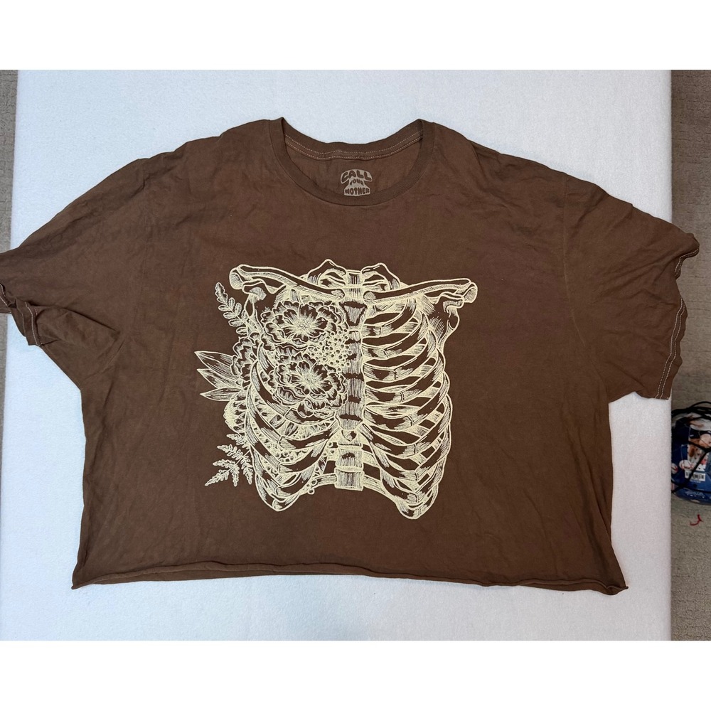 Call Your Mother Brown Skeleton Floral Graphic Crop Top Tee L/XL Cotton Boxy